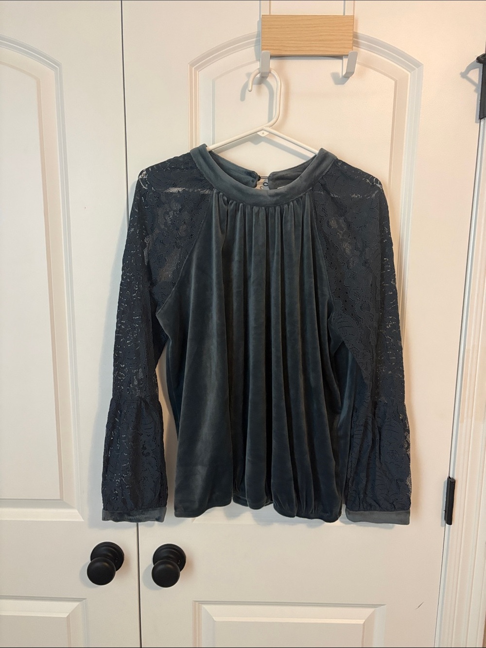 Velvet Lace Pleated Long-Sleeve Top - Charcoal
